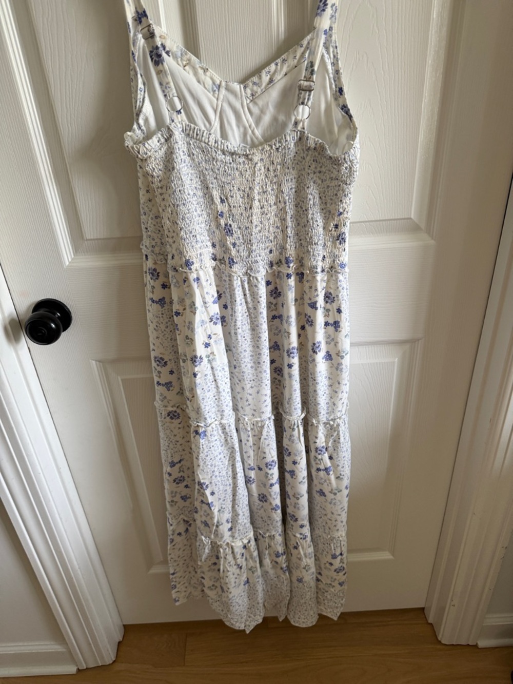 Cream Maxi Dress with Blue Floral Print - Lightweight Spaghetti Strap Maxi - Picture 2 of 4